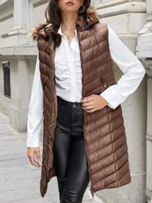 EURMUSE Zip Up Hooded Puffer Vest Coat - Brown - View 4