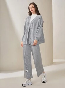 Mulvari Women's Drop Shoulder Jacket And Pants Set - Grey - View 1