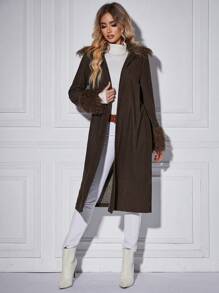 SHEIN Clasi Fuzzy Trim Open Front Coat - Coffee Brown - View 4
