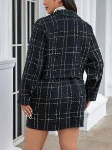 SHEIN Unity Plus Plaid Double Breasted Blazer & Split Hem Skirt, For Winter
