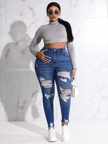 SHEIN EZwear Talla grande Jeans ajustados desgarro ribete sin dobladillo - Azul lavado medio - Ver 3