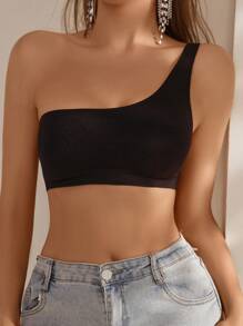 Women's Black Knitted High Stretch Casual Sporty Backless One Shoulder Crop Top Bralette - Black - View 4