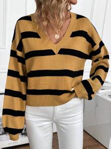 SHEIN LUNE Suéter de punto con hombros caídos y patrón de rayas para otoño e invierno - Multicolor - Ver 3