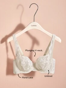 LUVLETTE Plus Sexy Lingerie Plunge Unlined Lace Bra - Beige - View 3