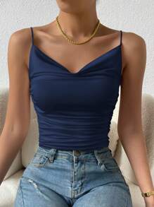 Uhlyne Top camisero elegante con pliegues de ajuste ceñido de color liso - Azul Marino - Ver 5