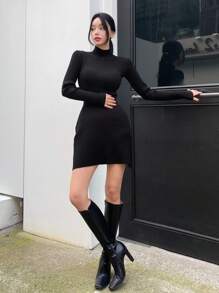 Dazy Star Chất rắn Cổ cao Đồ đan Ribbed Đầm Áo len - màu đen - Xem 4