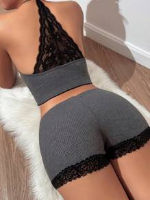 Contrast Lace Halter Top & Shorts PJ Set / Pajama Set - Dark Grey - View 1