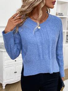 SHEIN Frenchy Drop Shoulder Split Hem Sweater - Blue - View 6