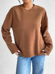 SHEIN Essnce 女款抓絨長袖落肩 T 卹 - 棕色 - 查看 5