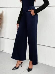 SHEIN LUNE 素色寬腰帶闊腿褲 - 藏蓝色 - 查看 5
