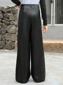 SHEIN Girlism Tween Girls Loose College Style PU Mid-Waist Wide Leg Cargo Pants