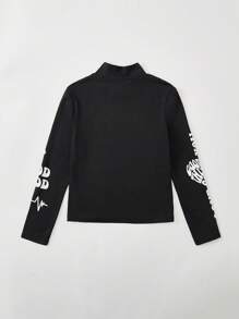 SHEIN Tween Girl Heart & Letter Graphic Mock Neck Tee - Black - View 2