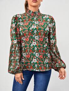SHEIN VCAY 滿版印花打褶小高領燈籠袖襯衫 - 彩色 - 查看 4