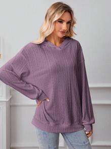 SHEIN LUNE 素色落肩袖連帽衛衣 - 紫色 - 查看 6