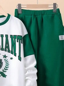 SHEIN 青少年男孩寬鬆版大學風彩色拼接圓領字母印花套衫和運動長褲套裝 - 彩色 - 查看 4