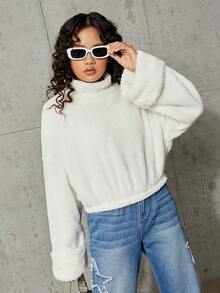 SHEIN Teen Girl Mock Neck Drop Shoulder Teddy Pullover - White - View 3