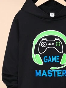 SHEIN Tween Boy Reflective Gamepad & Letter Graphic Hoodie - Black - View 3
