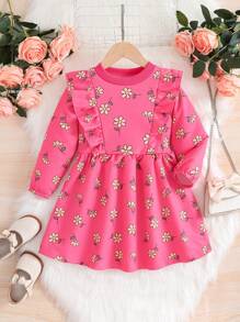 SHEIN Young Girl Allover Floral Print Ruffle Trim Dress - Hot Pink - View 3