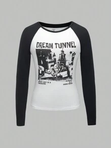SHEIN Thiếu niên cô gái Hình ảnh con bướm và khẩu hiệu Tay Raglan Áo thun - Đen và trắng - Xem 1