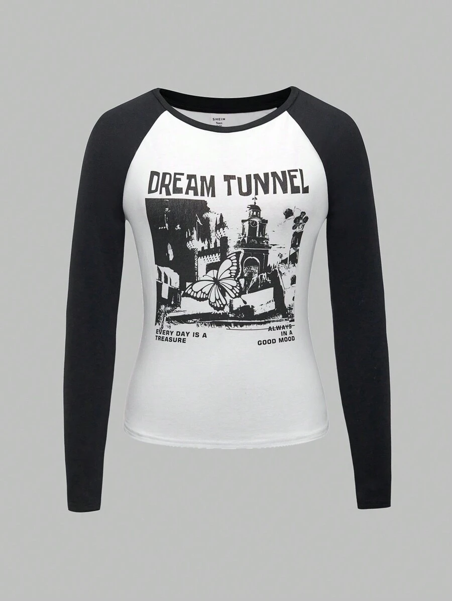 SHEIN Thiếu niên cô gái Hình ảnh con bướm và khẩu hiệu Tay Raglan Áo thun - Đen và trắng - Xem 1