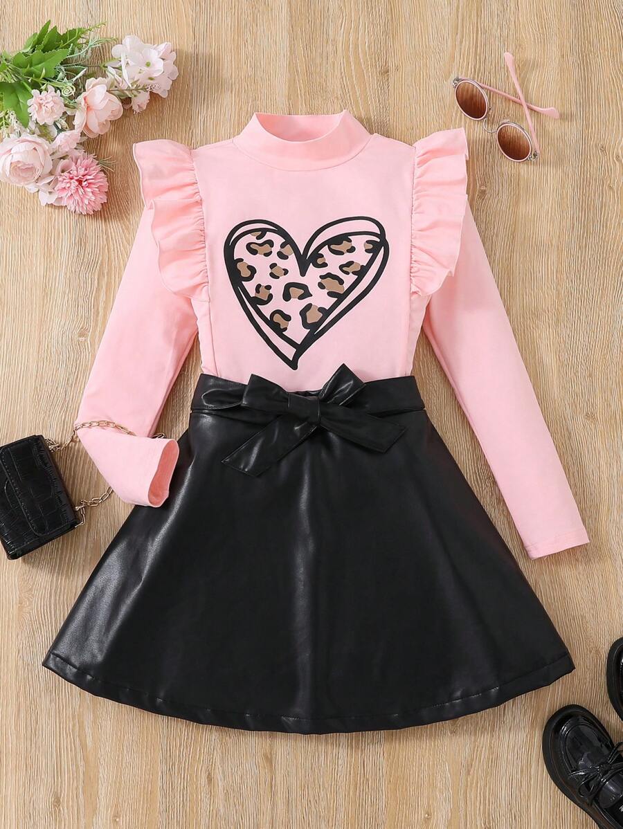 SHEIN 少女心印花荷葉邊t恤上衣&腰帶pu皮裙 - 藕粉色 - 查看 1