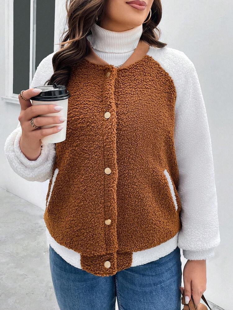 Plus Colorblock Raglan Sleeve Teddy Bomber Jacket