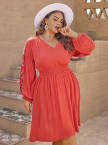 SHEIN VCAY Plus Embroidery Detail Lantern Sleeve A Line Dress - Brown - View 1