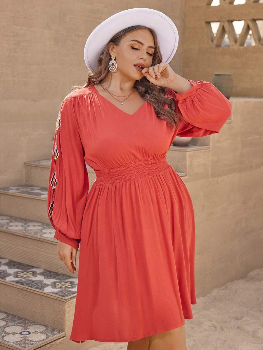 SHEIN VCAY Plus Embroidery Detail Lantern Sleeve A Line Dress - Brown - View 1