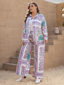 SHEIN VCAY Plus Paisley Print Drop Shoulder Shirt & Wide Leg Pants - Multicolor - View 6