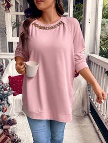 Calvaya Plus Chain Detail Raglan Sleeve Sweatshirt - Pink - View 6