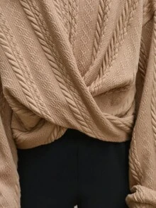 SHEIN Tween Girl Loose College Front Cross Design Round Neck Pullover Long Sleeve Solid Color Sweatshirt - Khaki - View 6