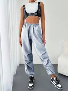 EURMUSE Solid Drawstring Waist and Hem Wind Pants - White - View 5