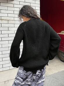 SHEIN EZwear Solid Distressed Drop Shoulder Sweater - Black - View 2
