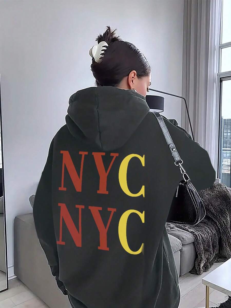 SHEIN EZwear Của phụ nữ Lá thư In Dây rút Hoodie Áo nỉ - Màu xám đen - Xem 1