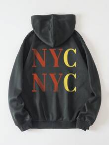 SHEIN EZwear Của phụ nữ Lá thư In Dây rút Hoodie Áo nỉ - Màu xám đen - Xem 2