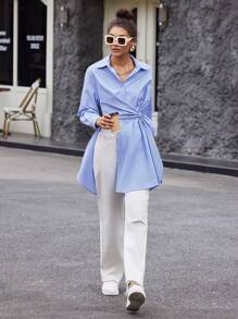 BizChic Striped Print Drop Shoulder Knot Side Asymmetrical Hem Shirt - Blue and White - View 3