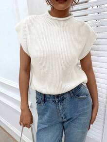 SHEIN Frenchy 素色蝙蝠袖毛衣背心 - 白色 - 查看 3