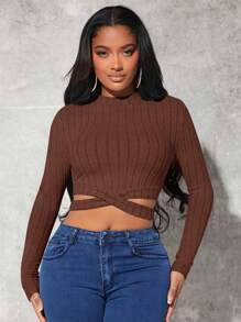 SHEIN SXY Crisscross Cut Out Hem Crop Tee - Chocolate Brown - View 4
