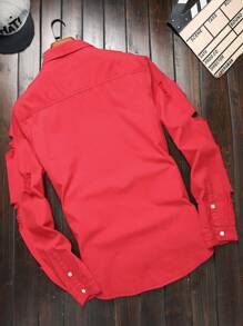 Manfinity LEGND Hombres Camisa mezclilla desgarro con bolsillo con solapa sin camiseta - Rojo - Ver 2