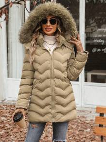 SHEIN Unity 毛绒装饰连帽拉链加厚棉服外套冬季 - 卡其色 - 查看 7