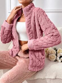 Zip Up Flannelette Lounge Top - Dusty Pink - View 1