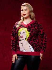 Marilyn Monroe X SHEIN Plus Leopard & Figure Pattern Drop Shoulder Sweater - Red - View 3