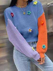 SHEIN Unity Colorblock Floral Appliques Drop Shoulder Knit Pullover Fall Winter Sweater - Blue - View 4