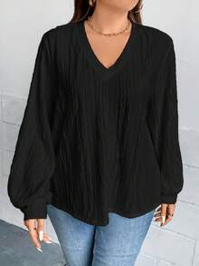 SHEIN LUNE Talla grande Camiseta unicolor de cuello V de manga farol - Negro - Ver 3
