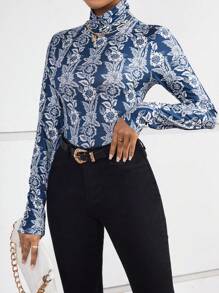 SHEIN Frenchy In hoa Cổ cao Áo thun - Màu xanh lam - Xem 4