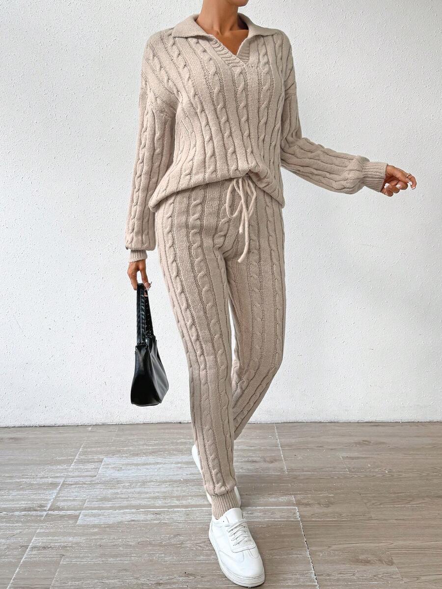 SHEIN LUNE Cable Knit Drop Shoulder Sweater & Drawstring Waist Knit Pants - Khaki - View 1