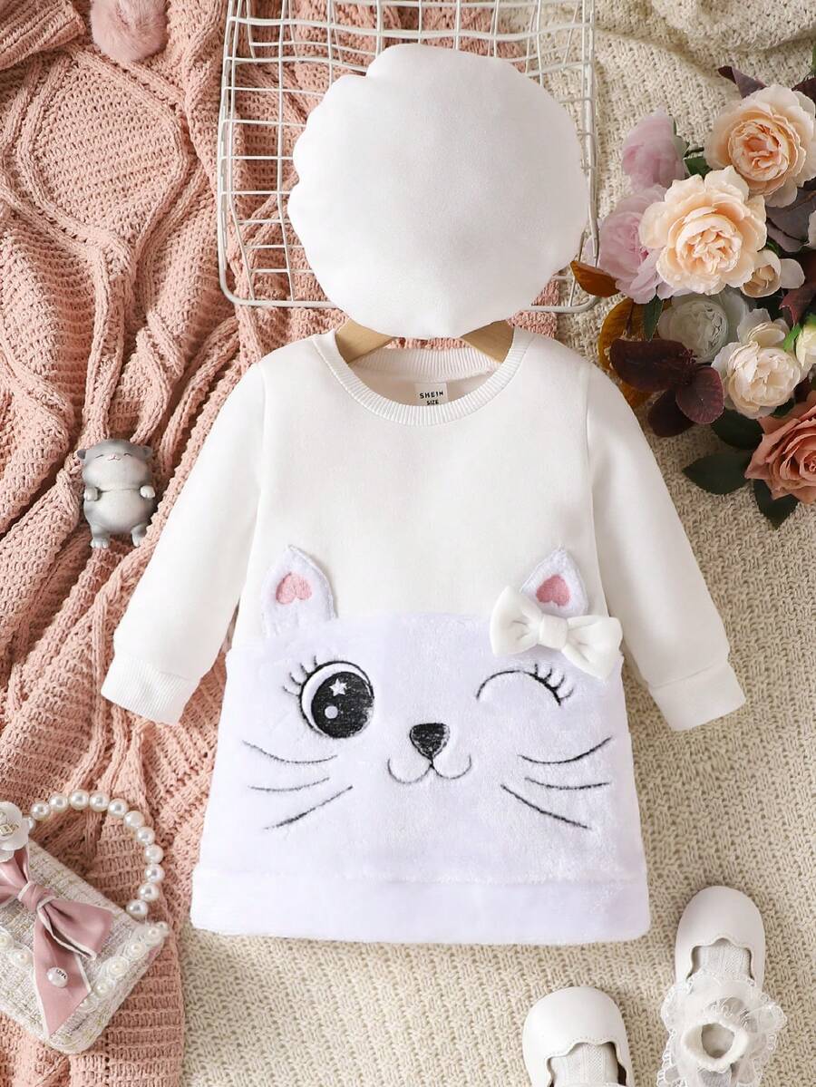 女嬰卡通刺繡前蝴蝶結衛衣洋裝&帽