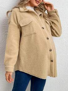 SHEIN Maternity Flap Pocket Drop Shoulder Teddy Coat - Apricot - View 5