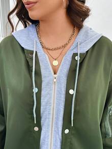 SHEIN LUNE Hơn Khối màu Thả vai Dây rút áo có mũ 2 trong1 Áo khoác - xanh quân đội - Xem 3