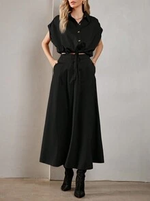 SHEIN BIZwear 女性蝙蝠袖襯衫和闊腿褲兩件套套裝 - 黑色 - 查看 6